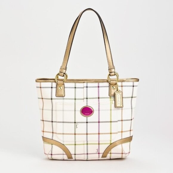 COACH WHITE PLAID HERITAGE TATTERSAL BAG PURSE TOTE No.K1173-F19174 - Picture 1 of 17